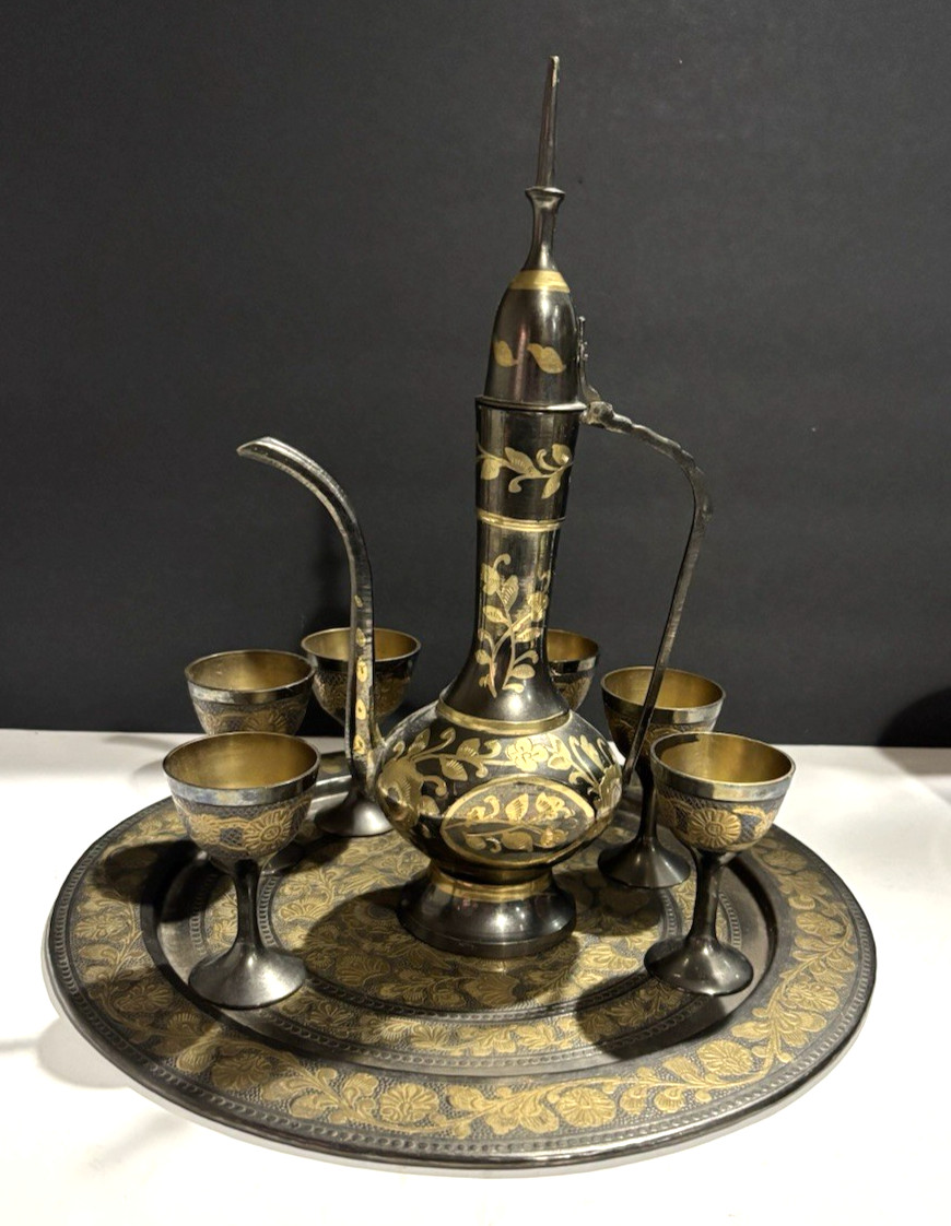 Vintage Brass Etched Ewer -goblets- tray / black & brass color Vintage Brass Etched Ewer -goblets- tray / black & brass color