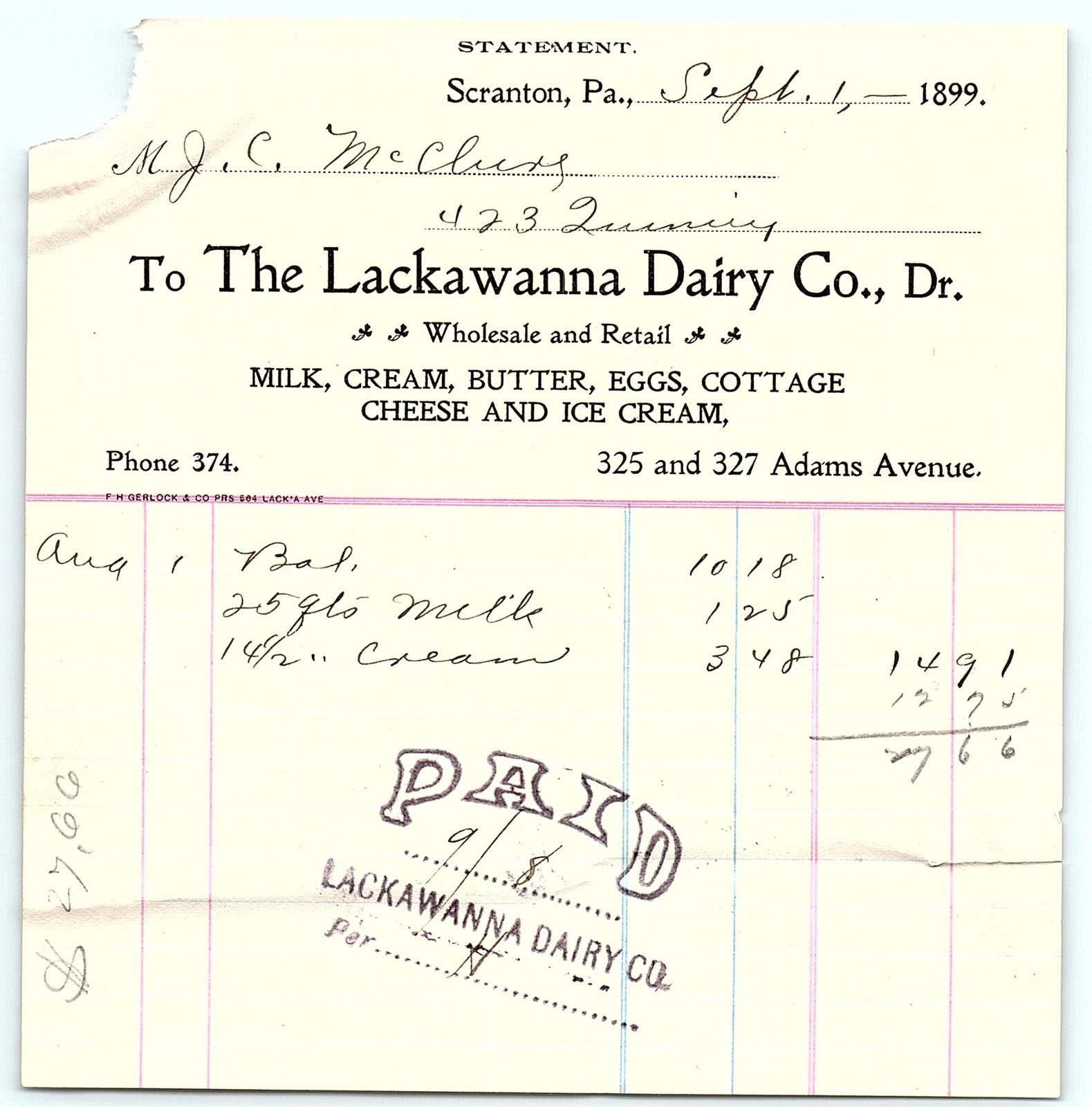 1899 Lackawanna Dairy Co. Scranton PA billhead, PAID