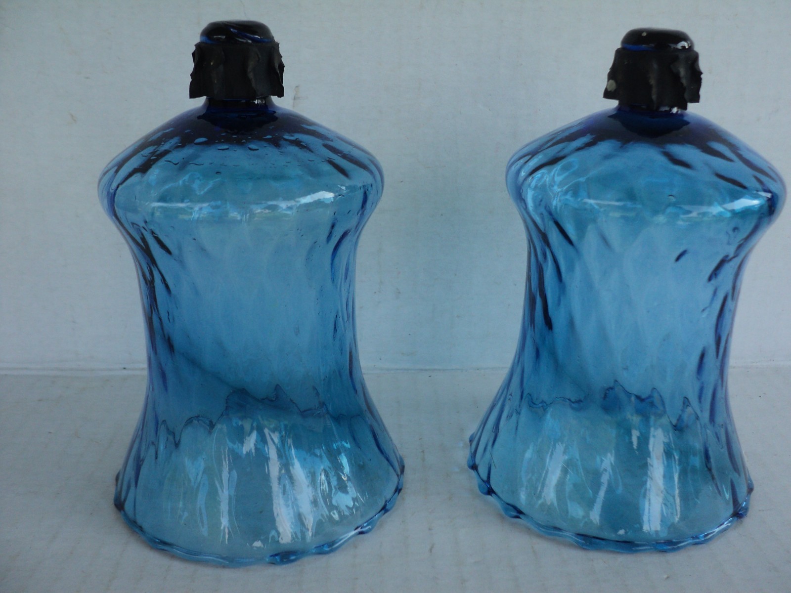 Vtg Set 2 Blue Glass Peg Candle Votive Cup Diamond Honeycomb 5