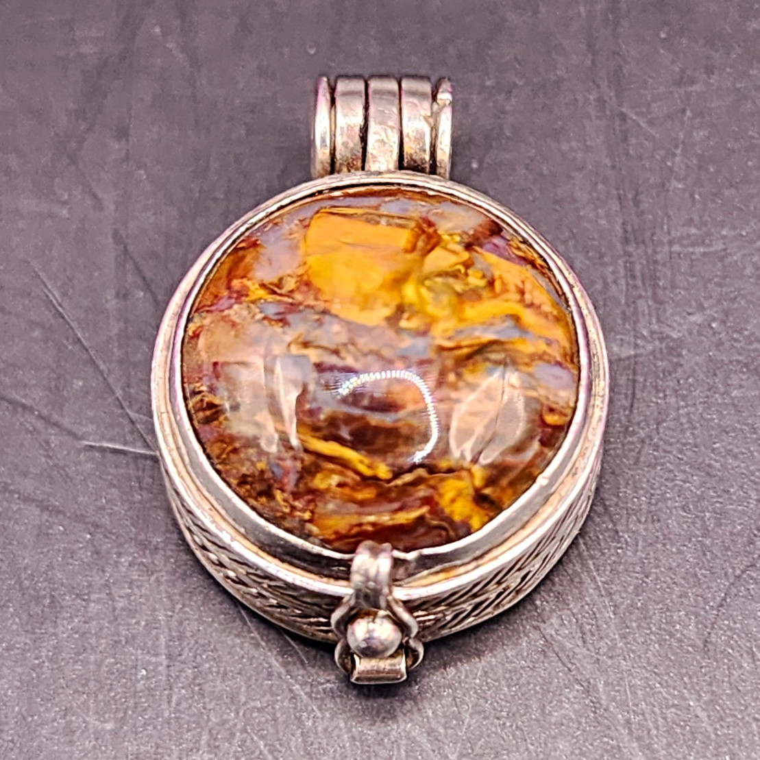 Vintage 925 Sterling Eagles Eye or Pietersite Stone Poison Box Locket Pendant.