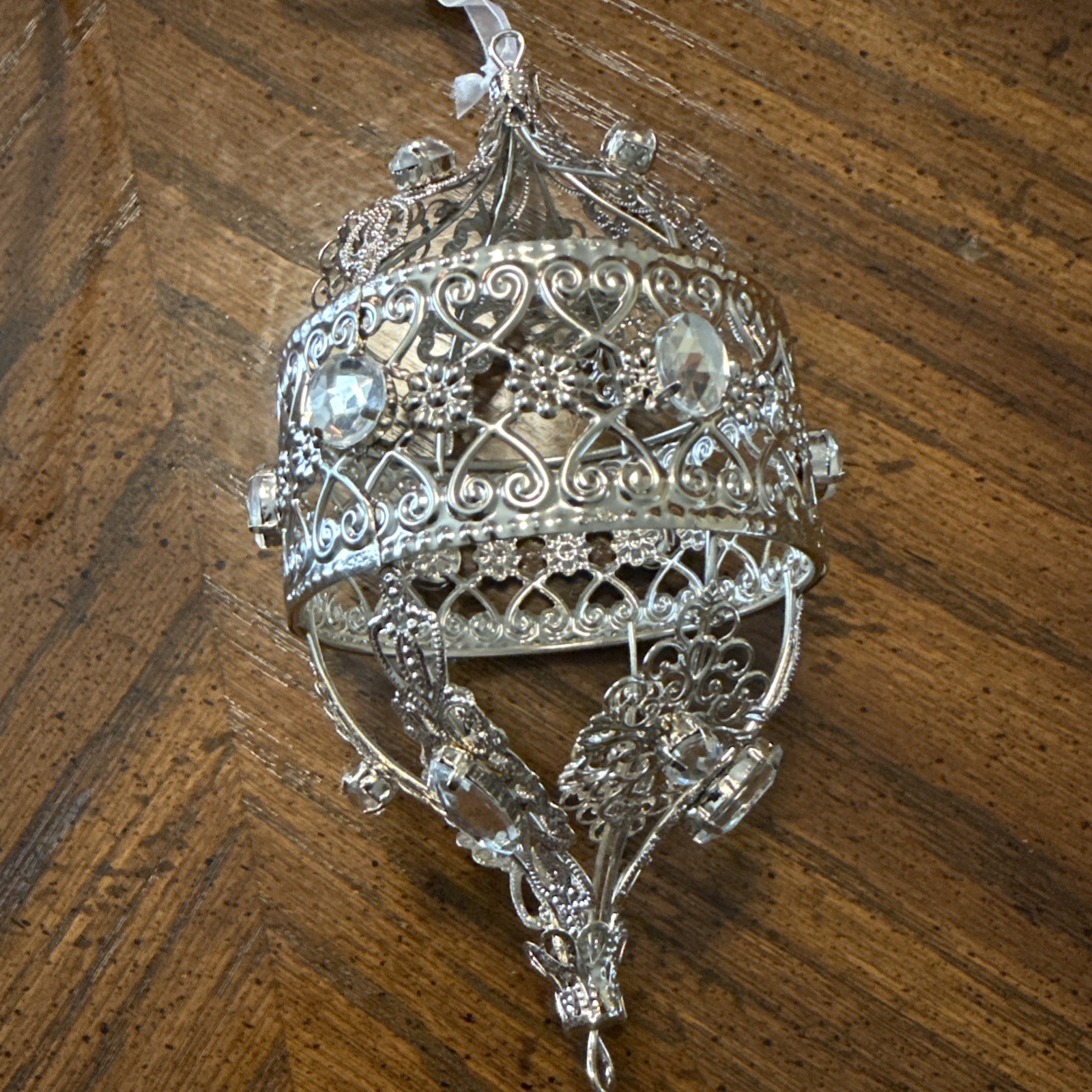 Vintage Silver Filigree Jeweled Christmas Ornament 8”x2.5” Holiday Lane Macys