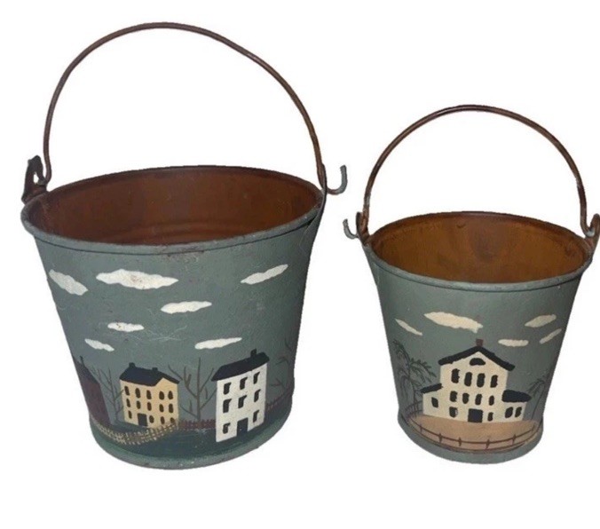 Vintage fun Miniature Metal Buckets W Houses Hand-Painted