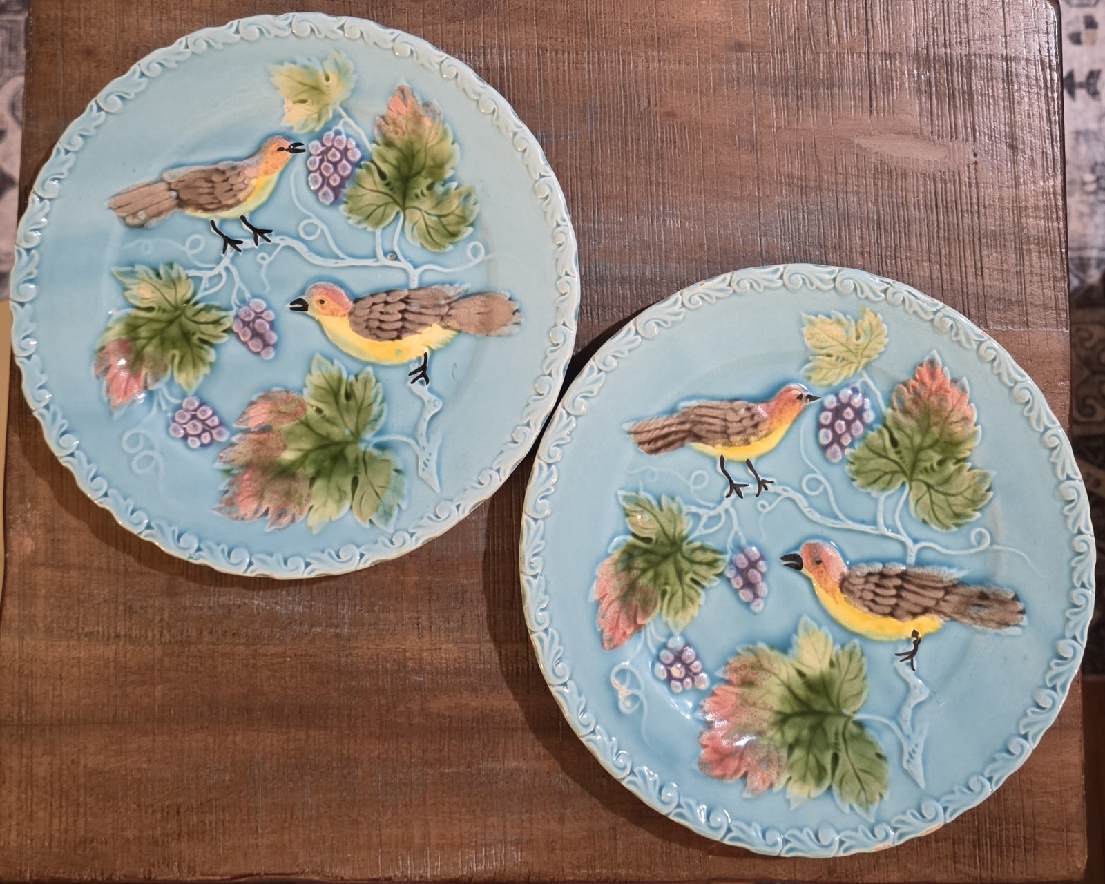 Antique Zell Majolica Turquoise Plate Germany Birds  Berries 6.5in Set Of 2 READ
