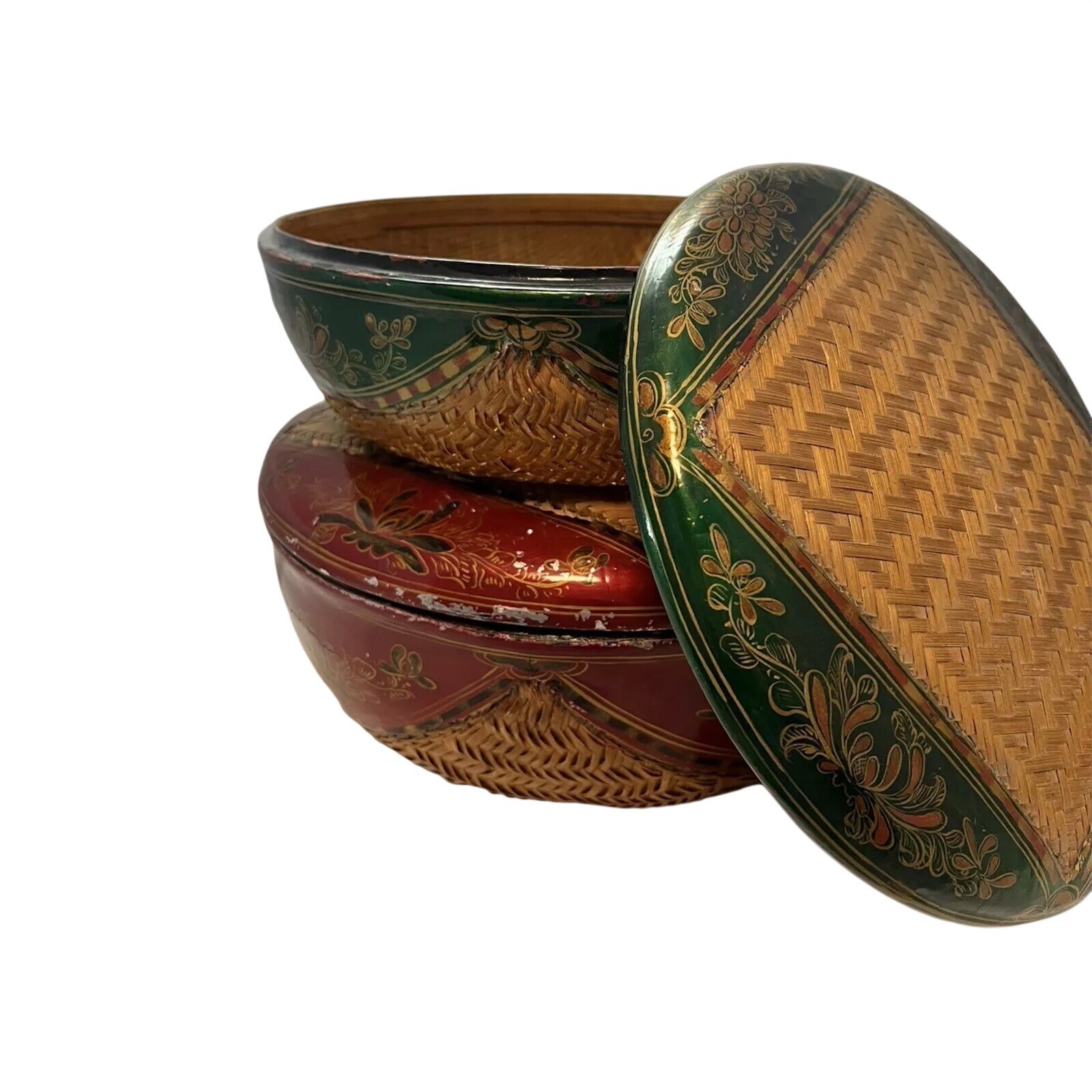 Vintage Asian Lacquerware Betel Box Set Hand Painted Bamboo Red Green Gold Vintage Asian Lacquerware Betel Box Set Hand Painted Bamboo Red Green Gold