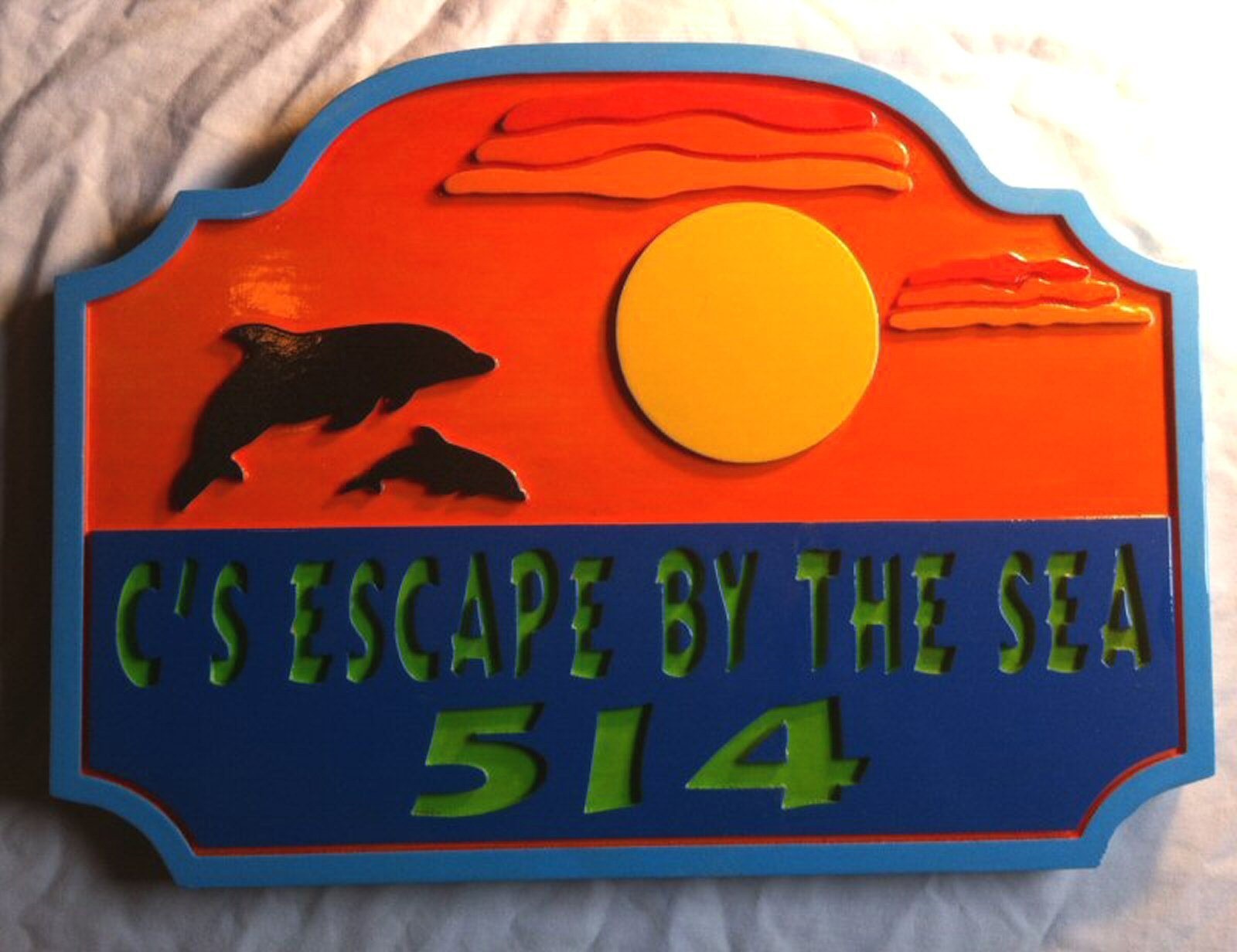 Personalized Dolphin House sign 3D routed wood Tiki Bar Beach Custom 