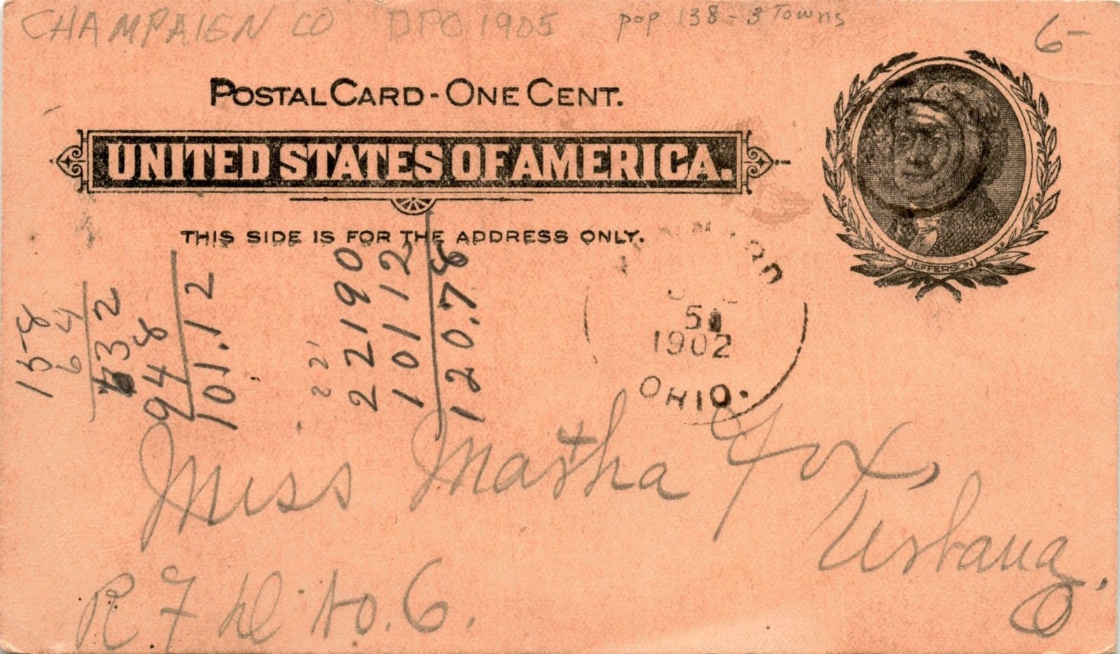 Champaign Co, DPO 1905, United States, Ohio, Miss Martha Fox, T Postcard
