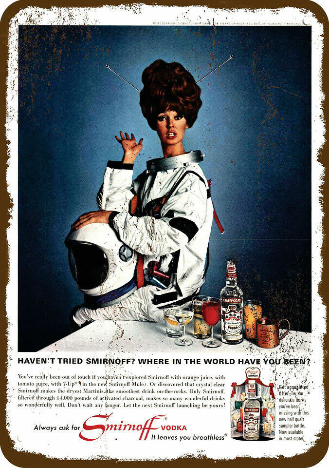 1966 SMIRNOFF Vodka & Astronaut Woman Vintage-Look DECORATIVE REPLICA METAL SIGN