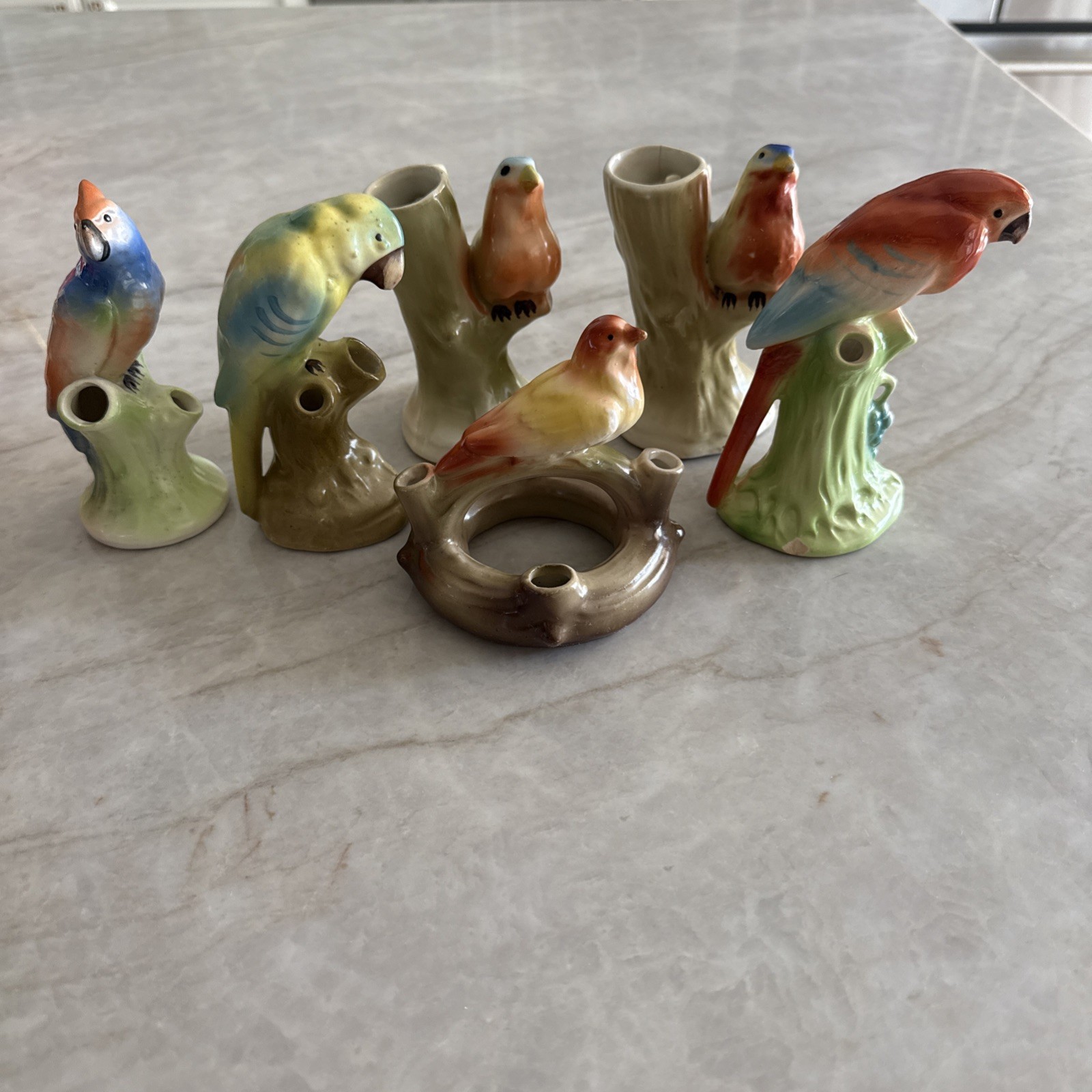 Vintage Czechoslovakia Ceramic Bird Parrot Bud Vases Flower Holders Lot of 6