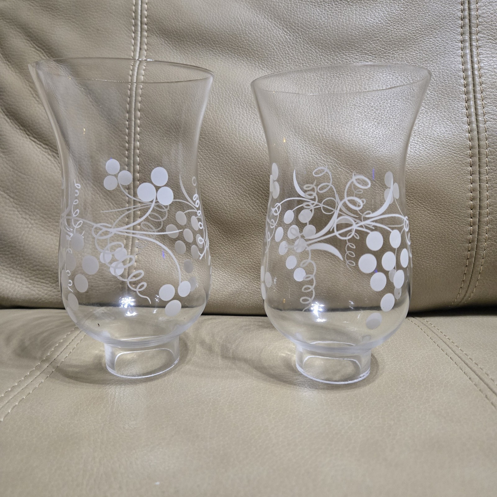 2x Vtg. Clear Glass Grapes/Vines Hurricane Chimney Shade 6.5\