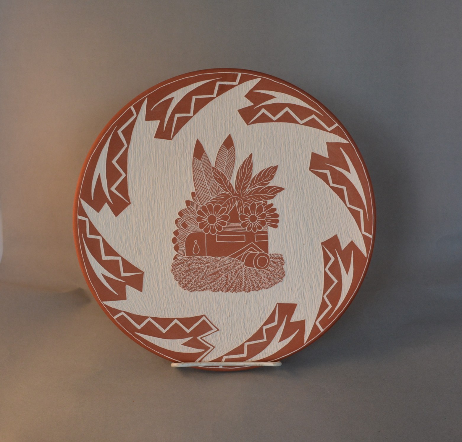 Bert Jojola - Isleta Pueblo Finely Etched Pottery Plate - Kachina Lightning 10\