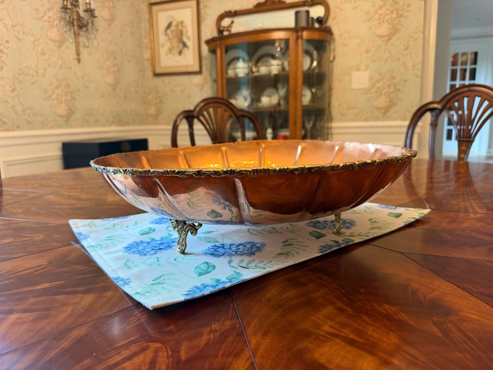 Vintage Fluted Copper Centerpiece Bowl with Ornate Brass Feet