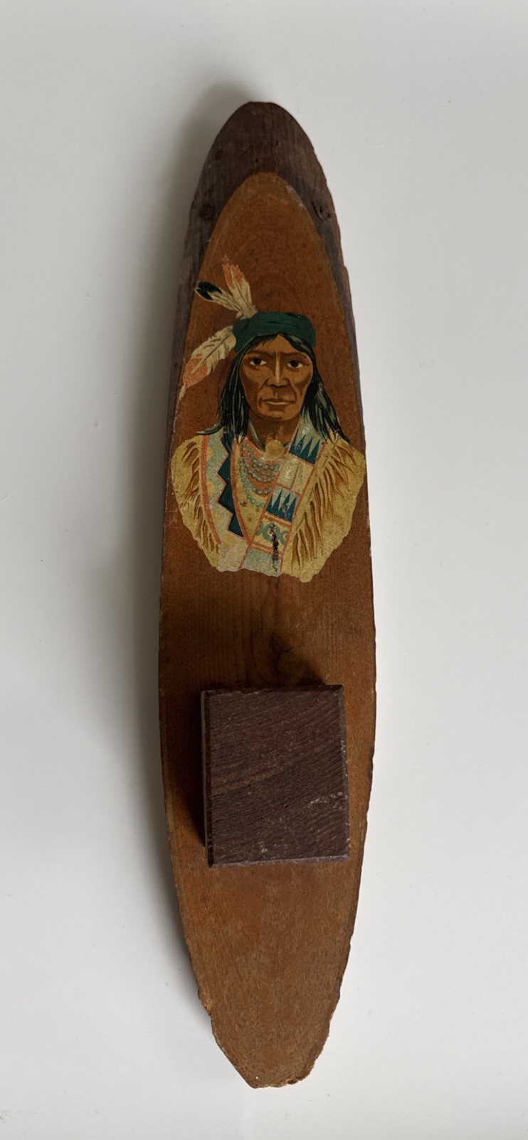 Vintage Wooden Wall Hanger Match Holder With Native American Indian Painted