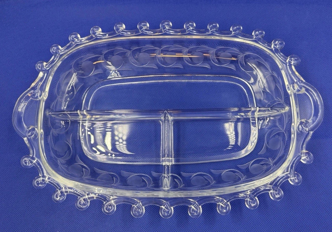 Heisey Lariat Moonglo Crystal 3 Part Divided Relish Dish Etched Tray Diamond H