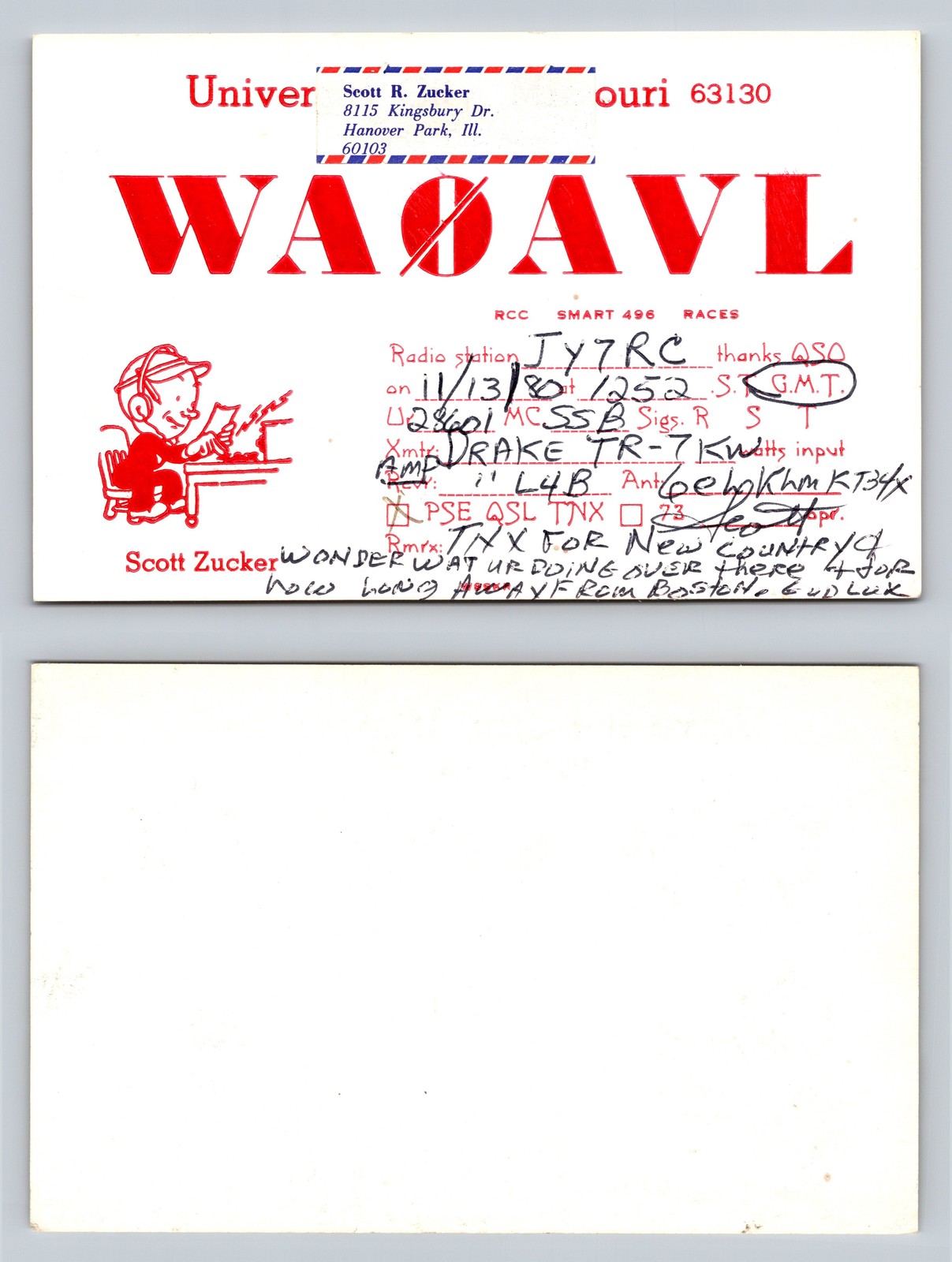 Ham Radio QSL QSO Postcard WA0AVL, Hanover Park, IL, USA