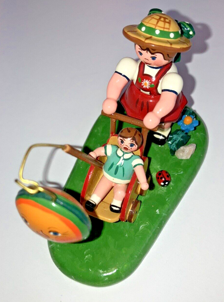 Hubrig Erzgebirge Figure Girl w/Stroller Wooden Figure 3-1/2