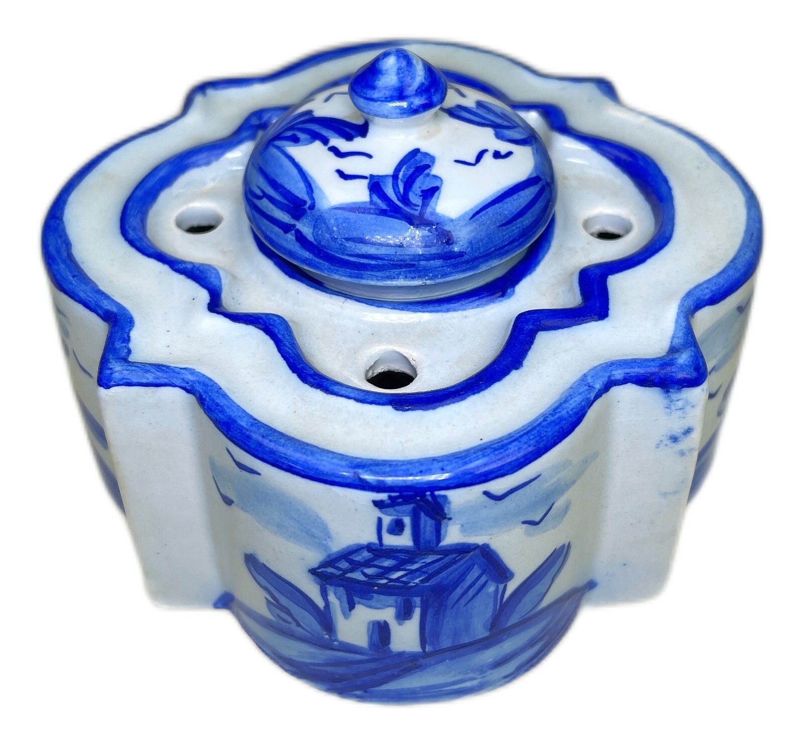 Delft Blue White Inkwell with Frog Brush Holder Ceramic 3 Piece 5”x 5”x 3”