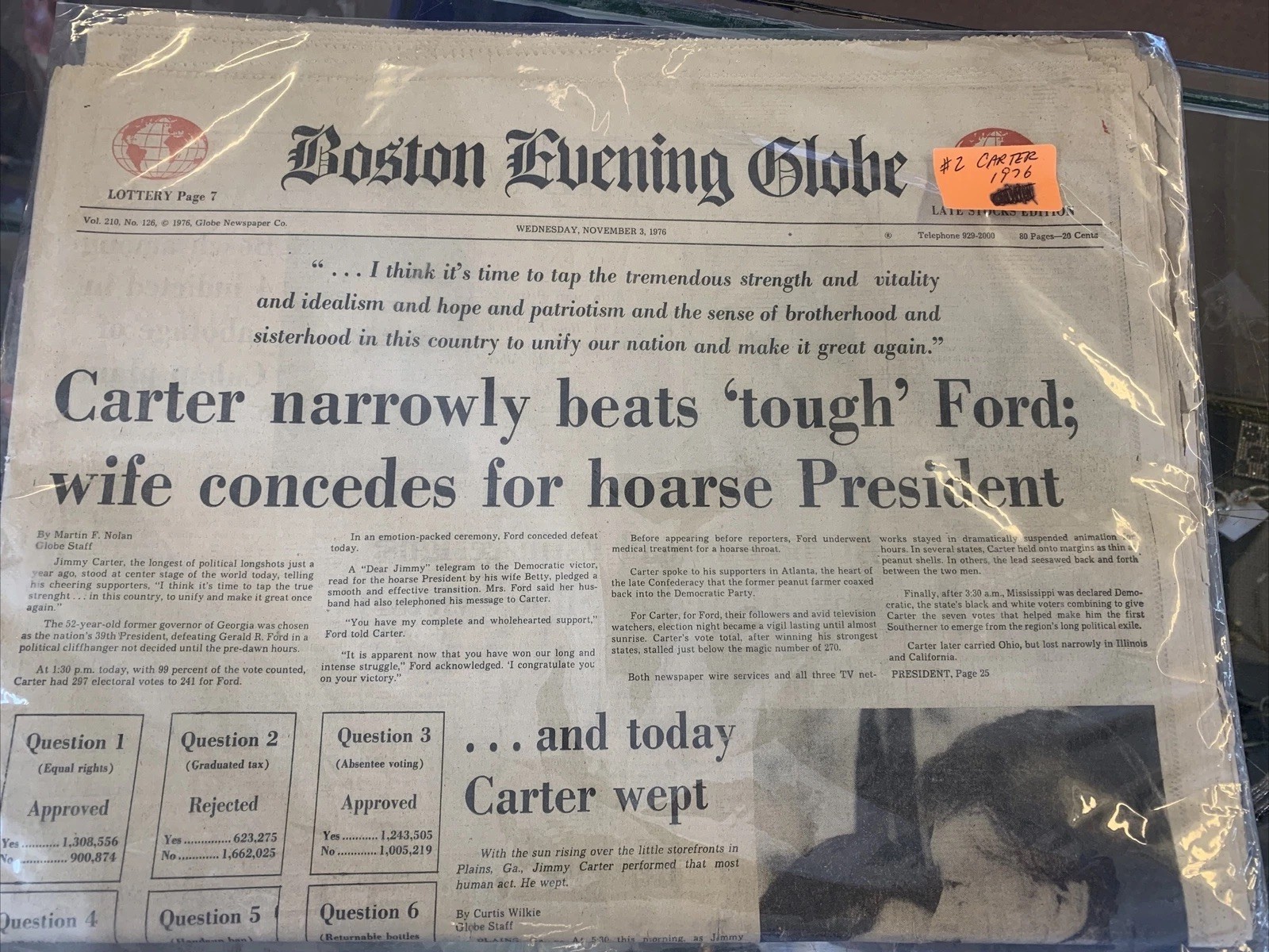 Boston Evening Globe November 3 1976 Carter Ford