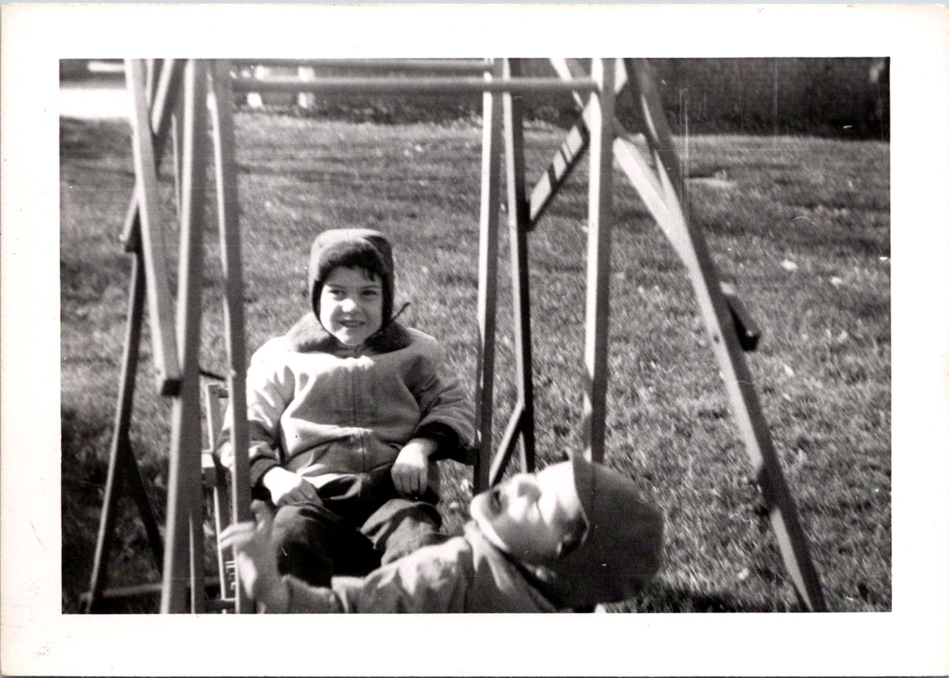 Two Young Children on Backyard Swing Set, 1950s B&W Snapshot Photo