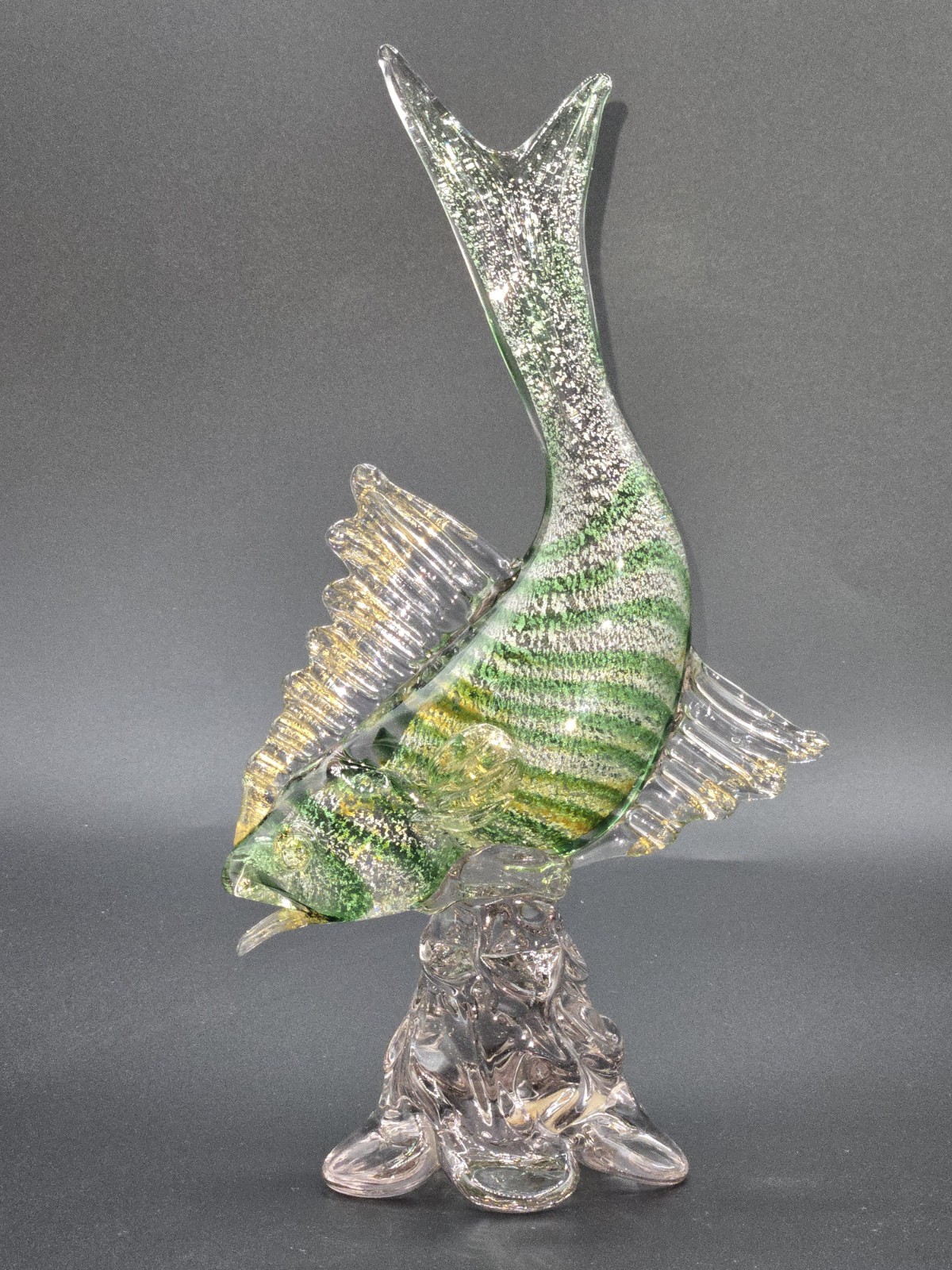 Murano Glass Hand Blown Green Fish Silver & Gold Aventurine 10.75\