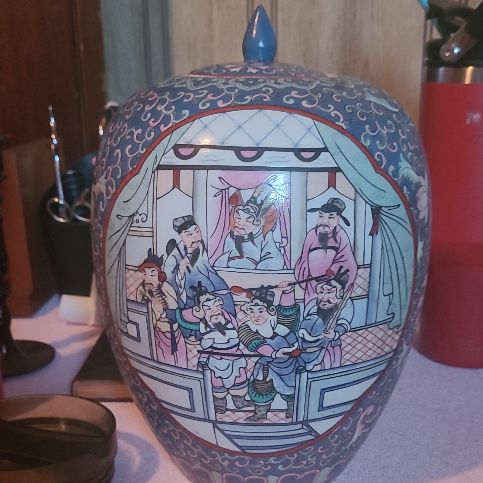 Vintage Macau Baby Blue Ginger Jar With Red stamp Seal On The Bottom.