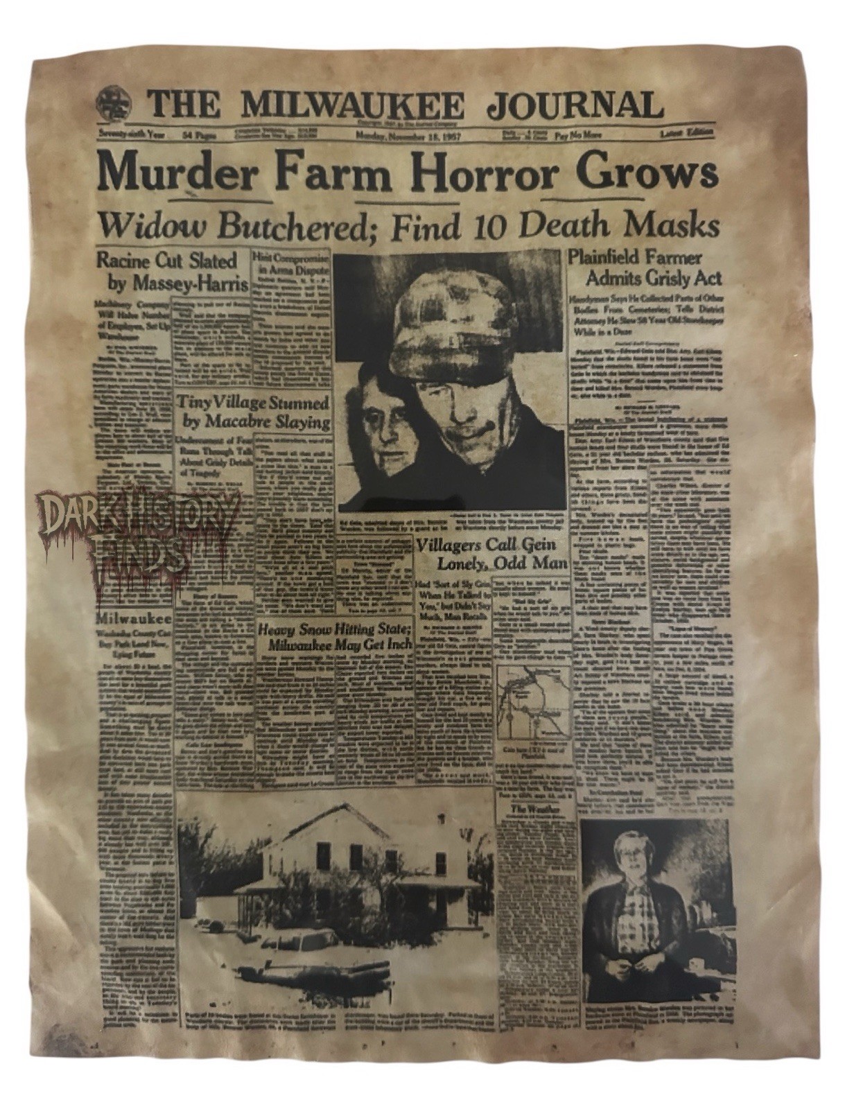 Ed Gein The Milwaukee Journal Murder Farm Horror News Paper Headline
