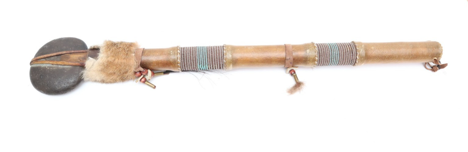 Plains Native American Sioux Indian Stone Beaded Leather Head War Club 25\