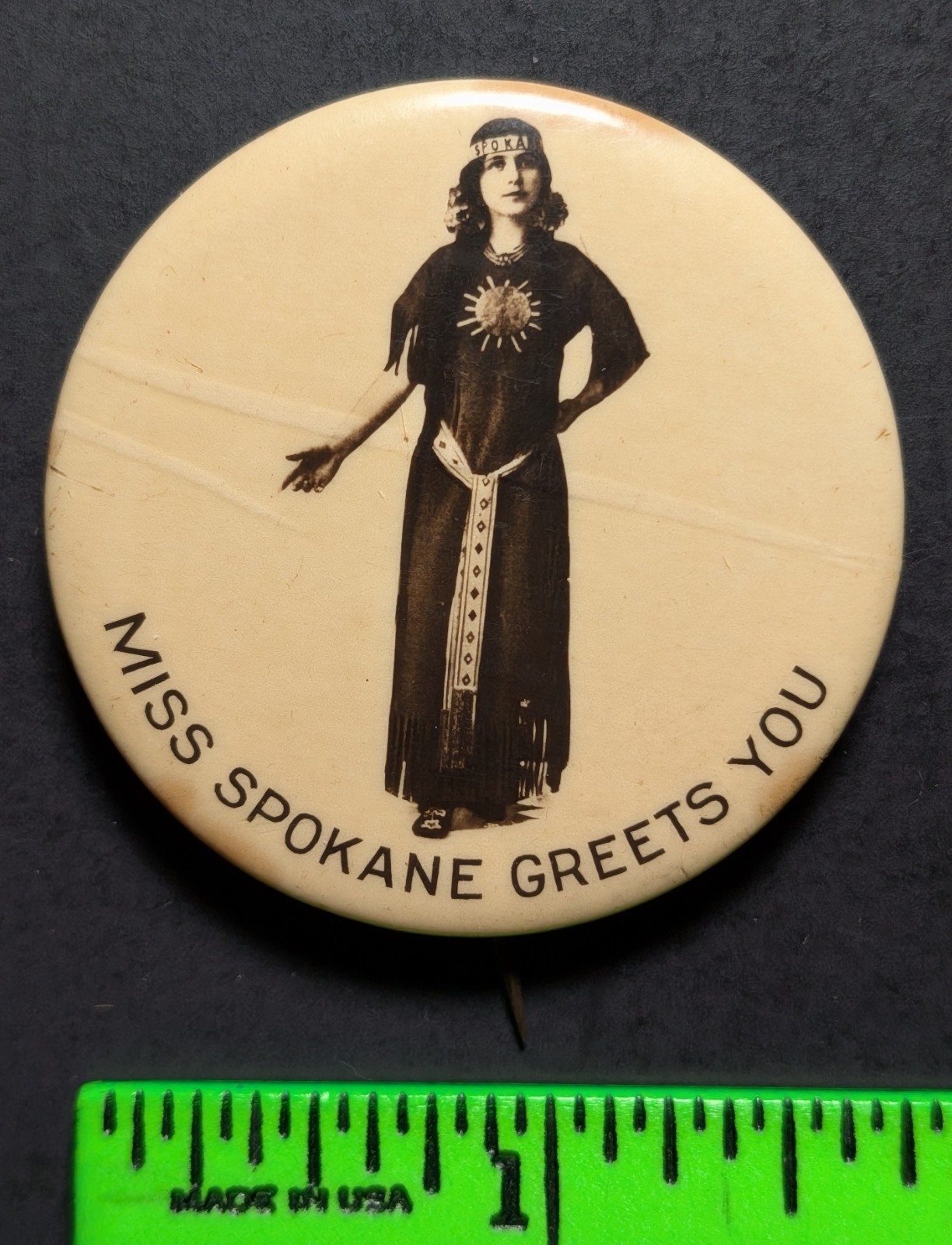 Vintage Real Photo Miss Spokane Native Woman Pinback Pin (Stains)