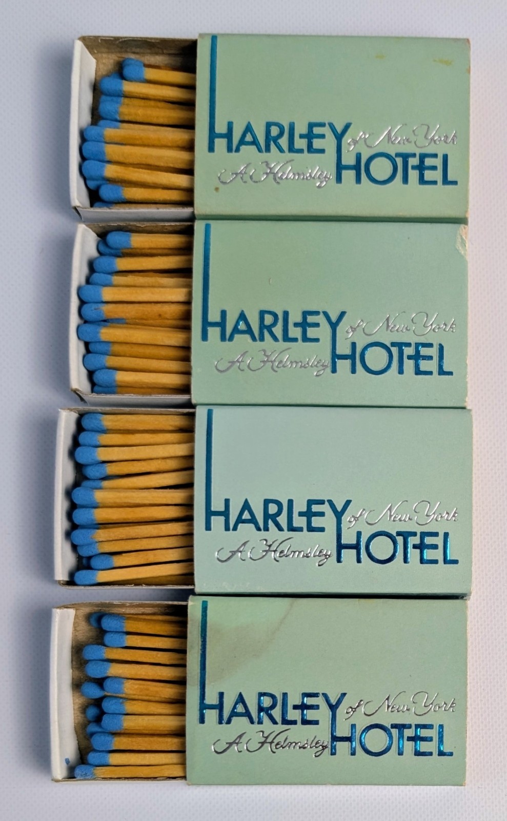 Vintage 1981-86 Harley Hotel NYC Lot 4 Matchboxes Blue Tip Matches Helmsley