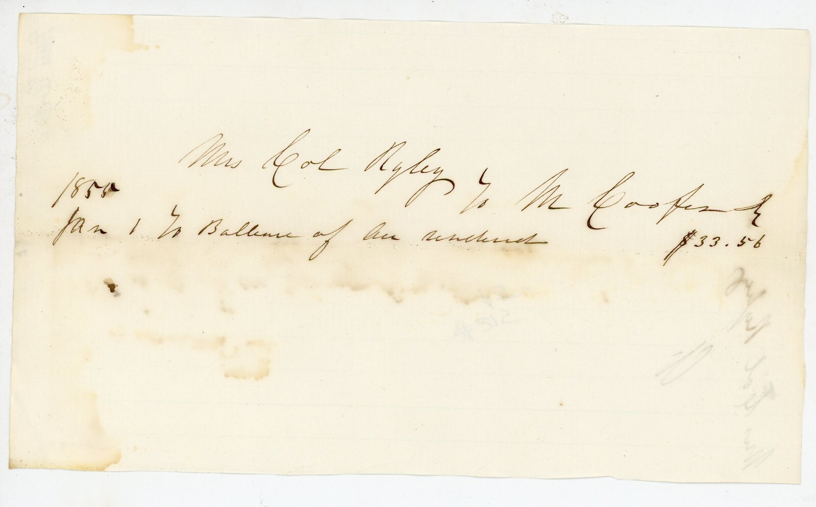 1855 Handwritten Receipt Mrs. Col. Riley War 1812 Military Governor California 1855 Handwritten Receipt Mrs. Col. Riley War 1812 Military Governor California