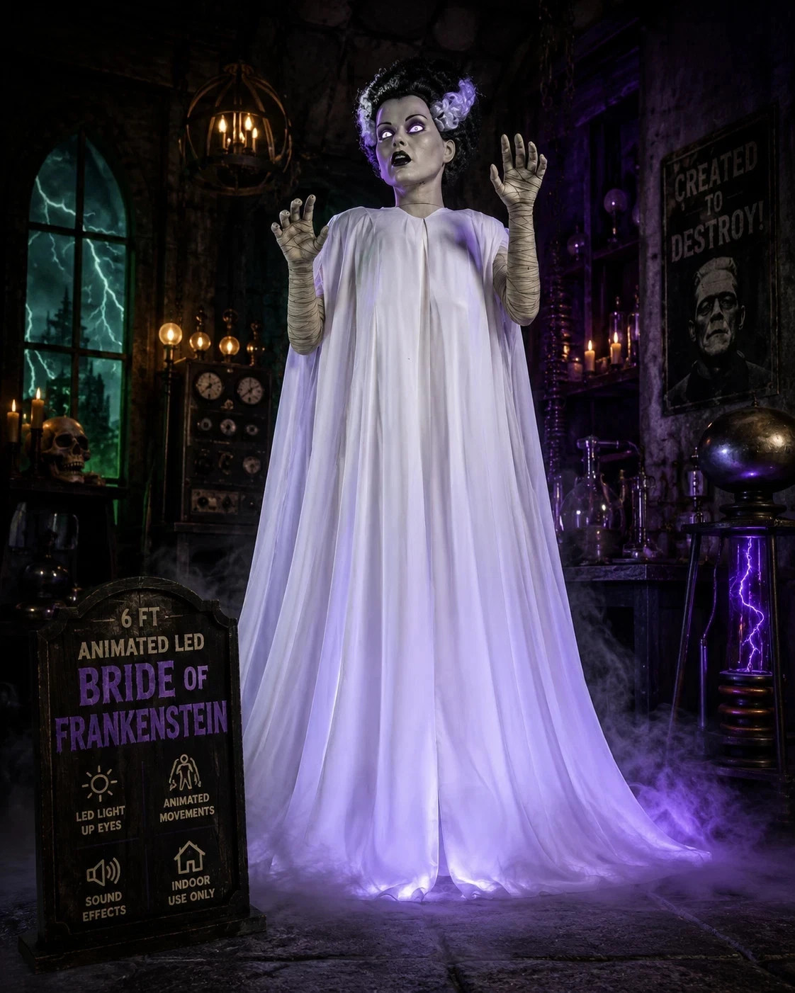 6Ft Animated LED Bride Of Frankenstein Halloween Animatronic Prop