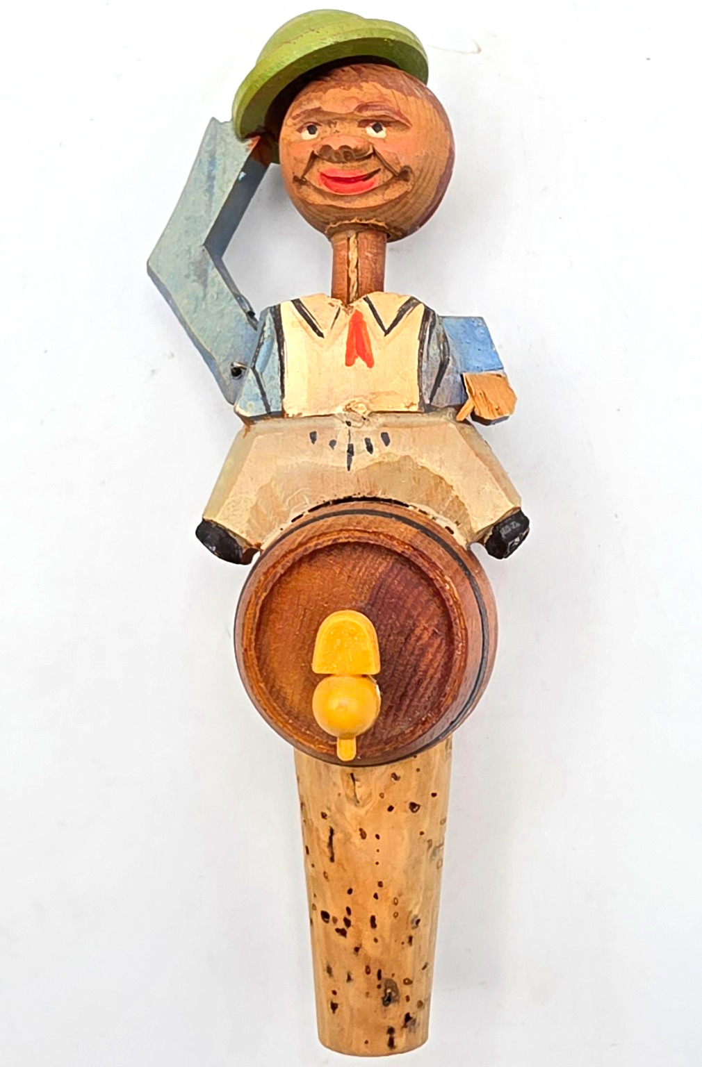 Vintage Aryiculated Wooden Figurine Bottle Stopper w/ Cork, Barrel Hat, Folk Art