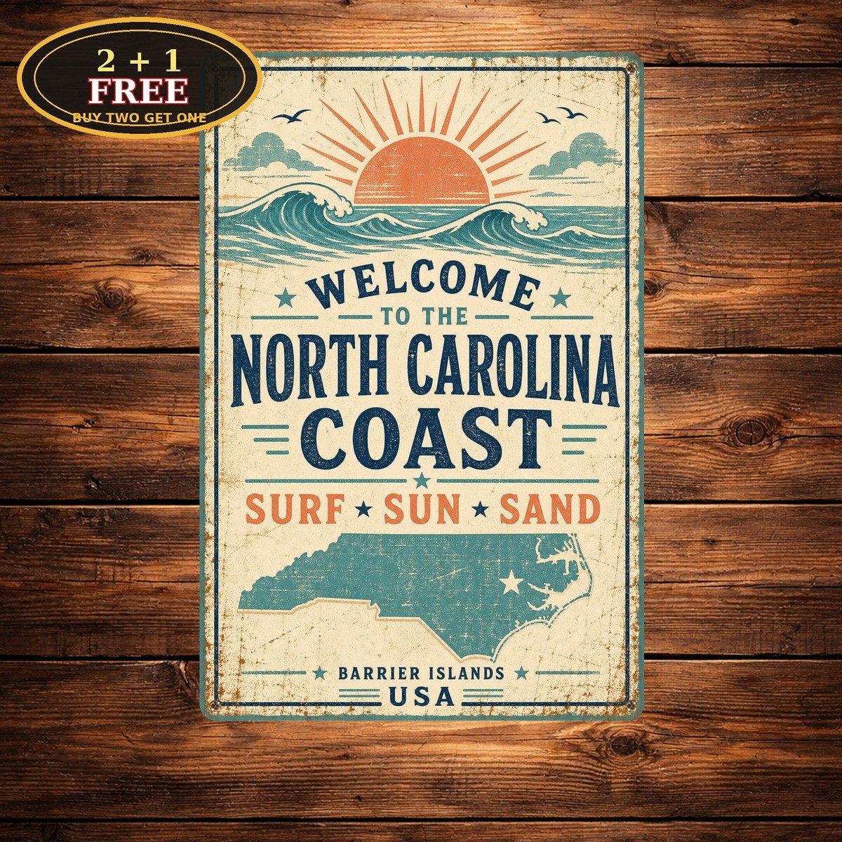 North Carolina Surf Sun Sand Coastal Vacation Tin Sign