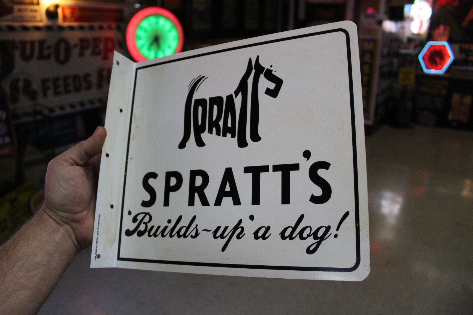 RARE 1950s SPRATT DOG FOOD PAINTED METAL 2-SIDED FLANGE SIGN PET STORE VET K9