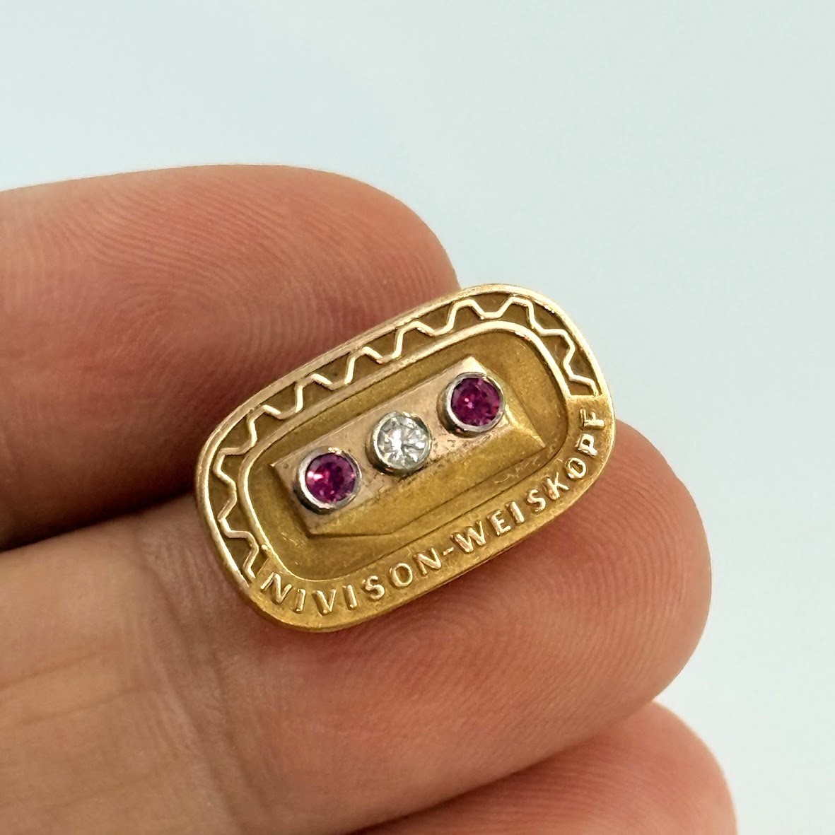 Nivison Weiskopf 10Kt Gold Filled Employee Service Award Pin Pink Stone Vtg
