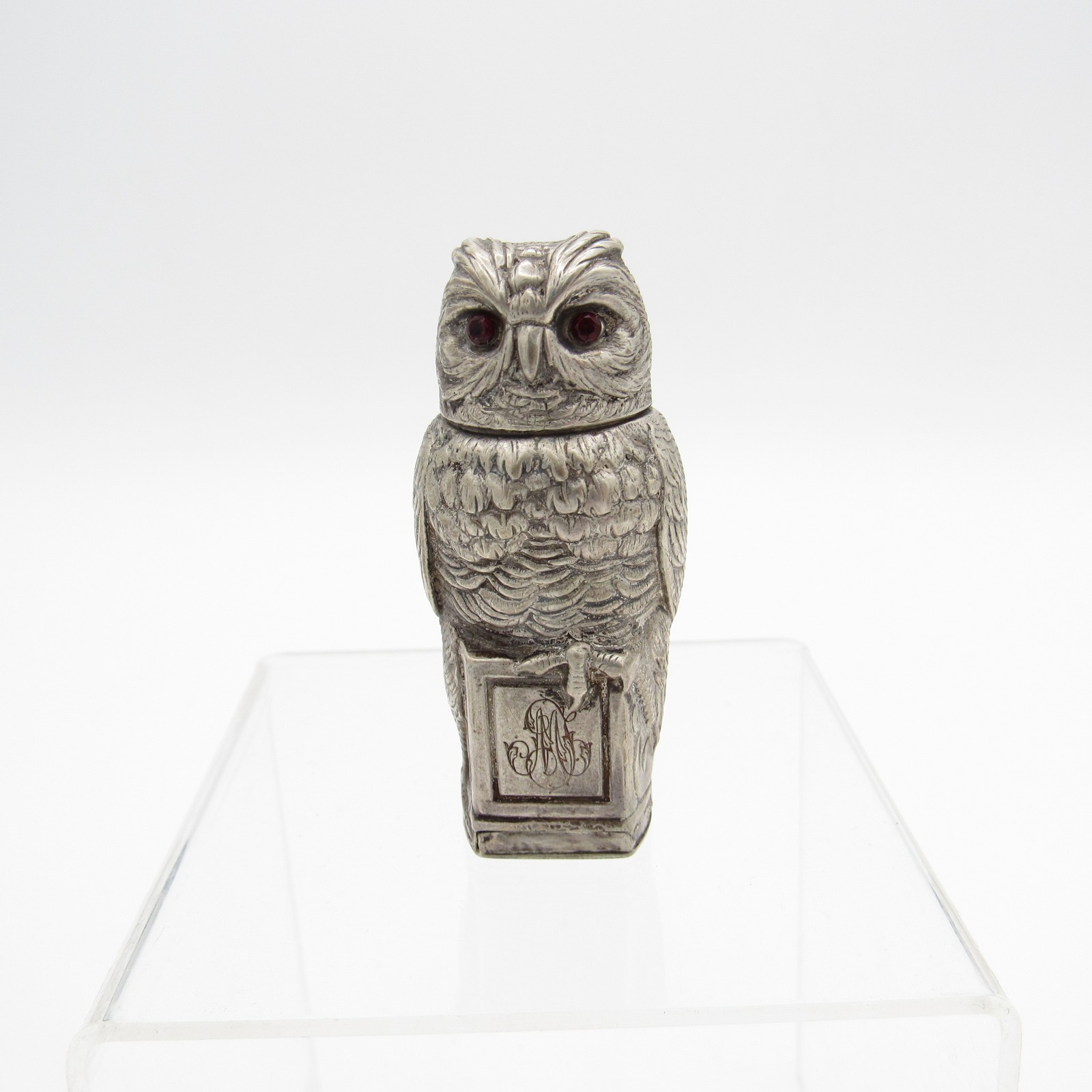 Antique Sterling Owl with Jeweled Red Eyes, Silver