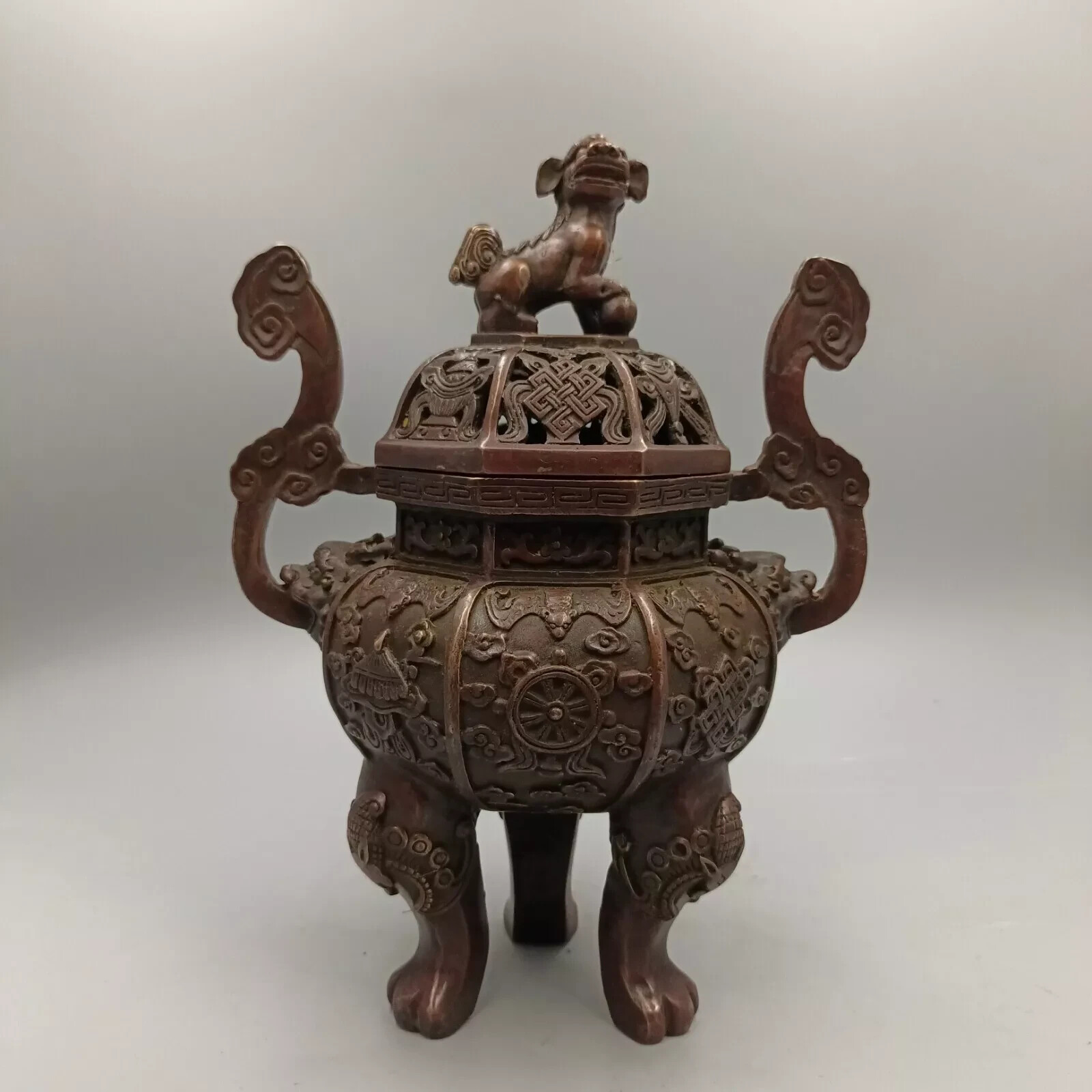 Fengshui old Elephant Leg Ruyi Ear Eight Treasure Lion Copper Incense Burner