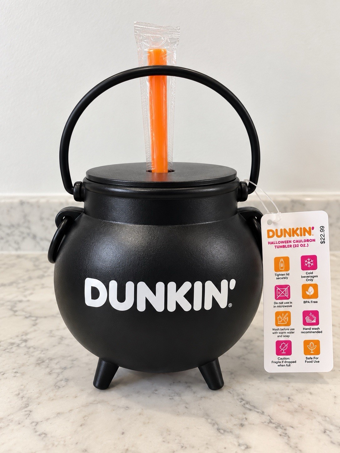 Dunkin Salem Halloween 2026 Cauldron Tumbler 32oz Black with Orange Straw NEW