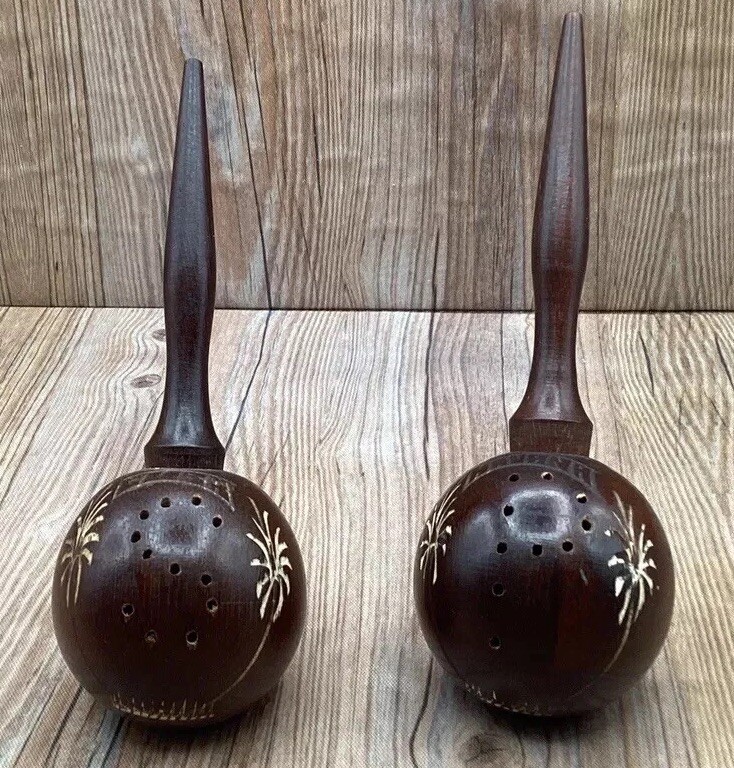 Unique Vintage Wood Maraca Shaped Salt And Pepper Shakers