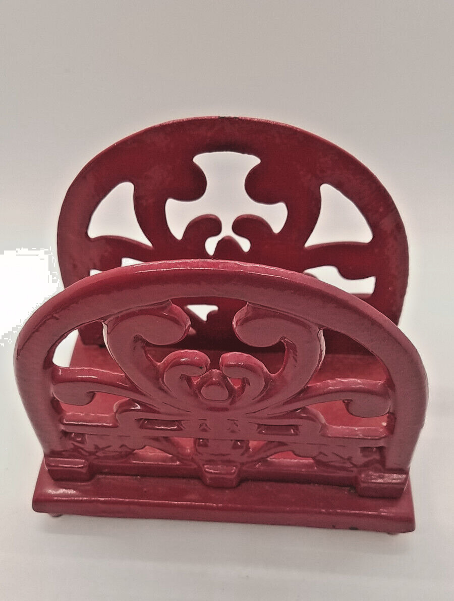 Bright Red Enamel Cast Iron Napkin Holder Kitchen Heavy Solid Footed