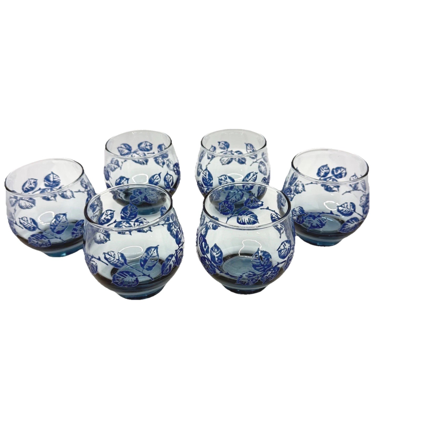 6 Vtg Libbey Blue Leaf Glasses Textured Floral Tumblers 3.5