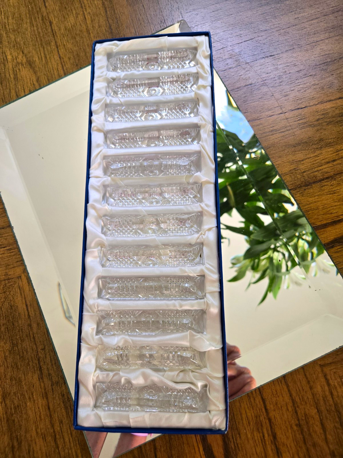 Set of 12 Clear Cut Glass/Crystal Knife Rests in Box - Label CO: SAT.12P