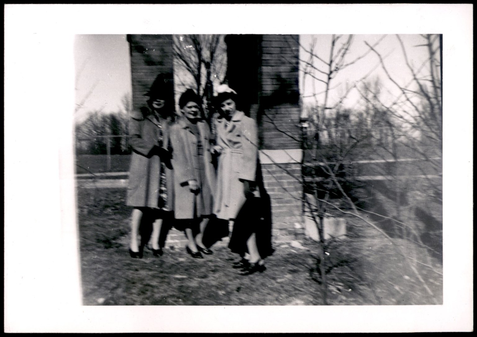 Three Women 1940s Snapshot Photograph Outdoor Fashion Coats Hats Vintage