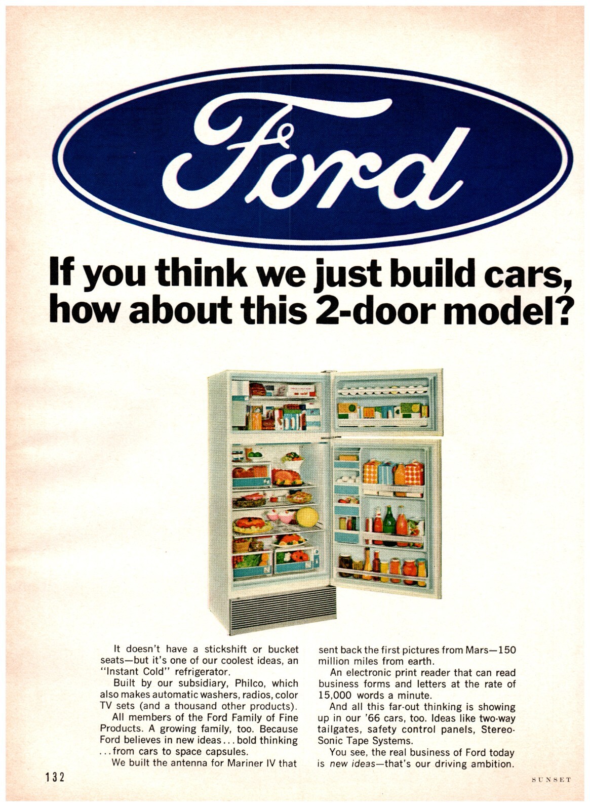 1966 PRINT AD, Ford Instant Cold Refrigerator 2-Door Model Think Just Build Cars