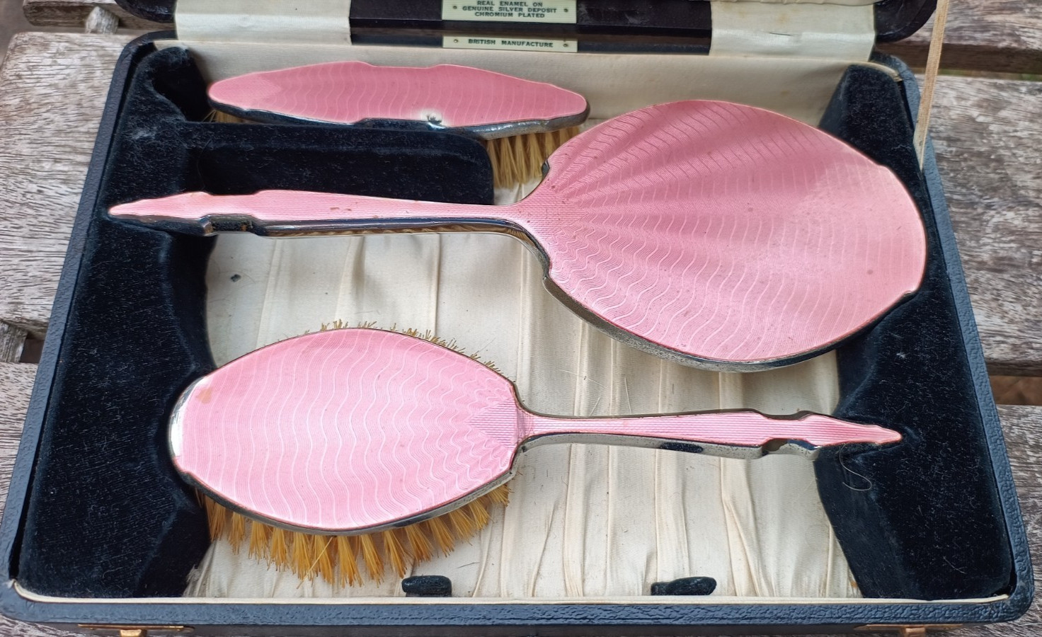 Art Deco Vintage A C Meade of Boscombe pink guilloche vanity brush & mirror Set