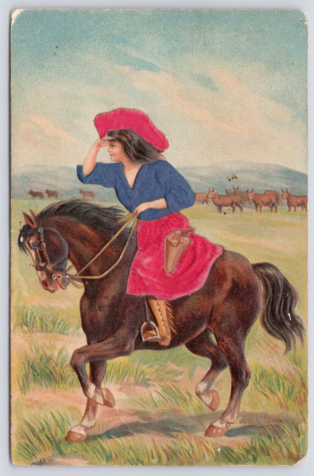 Postcard Girl Wearing Velvet Dress and Riding Horse Looks Out Over Prairie c1910 Postcard Girl Wearing Velvet Dress and Riding Horse Looks Out Over Prairie c1910
