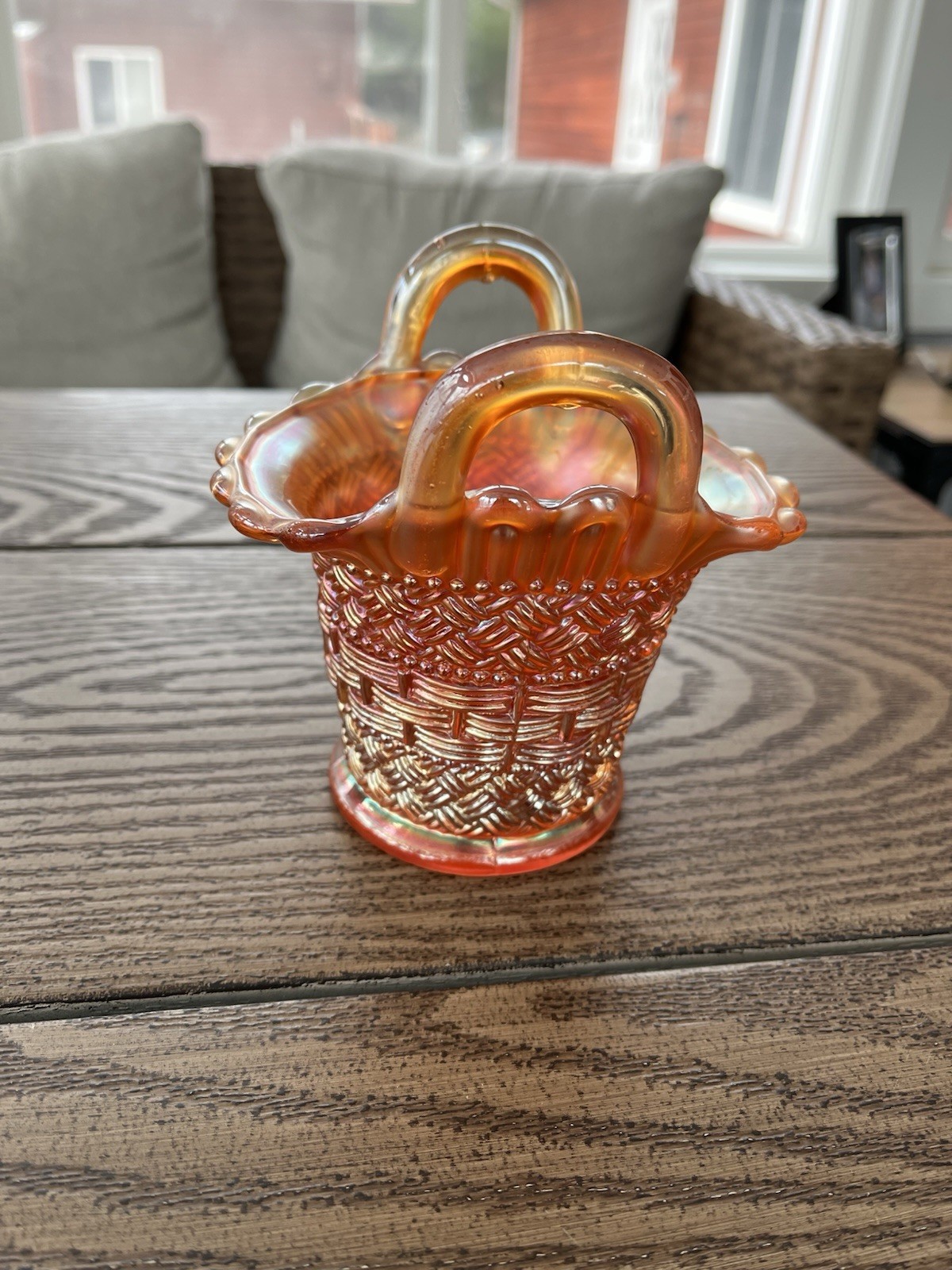 Dugan Marigold Carnival Glass Double-Handled Basket Vase Trinket Bowl Antique