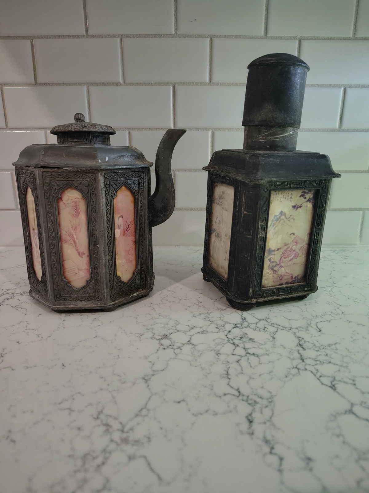 Vintage Shantou Metal Chinese Painted Glass Teapot & Pewter Tea Caddy With Glass