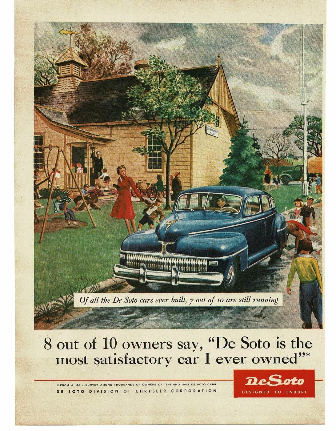 1942 DeSoto Blue De Luxe Sedan dropping kids at school 1945 Vintage Print Ad