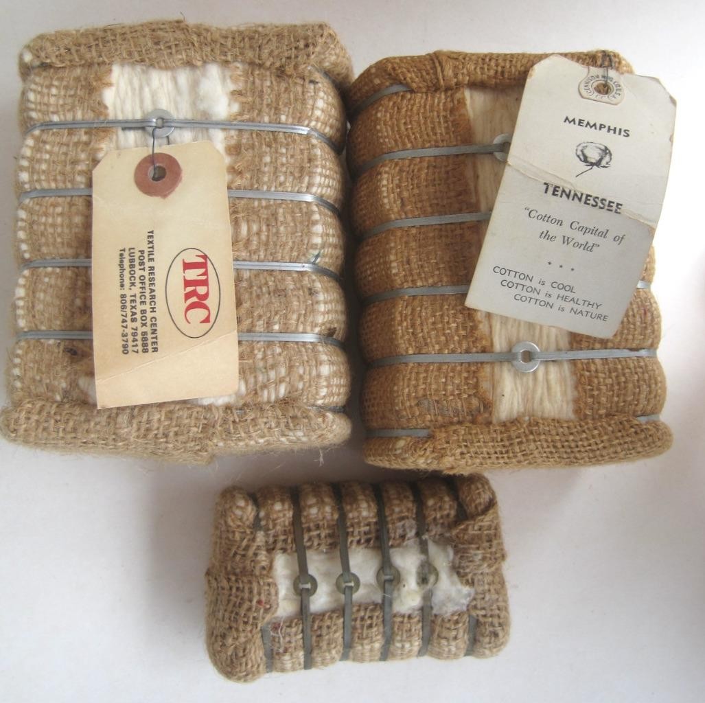 Cotton Bales Souvenir  Set 3 Memphis TN Lubbock TX Burlap Metal Tags 5 x 3 x 3