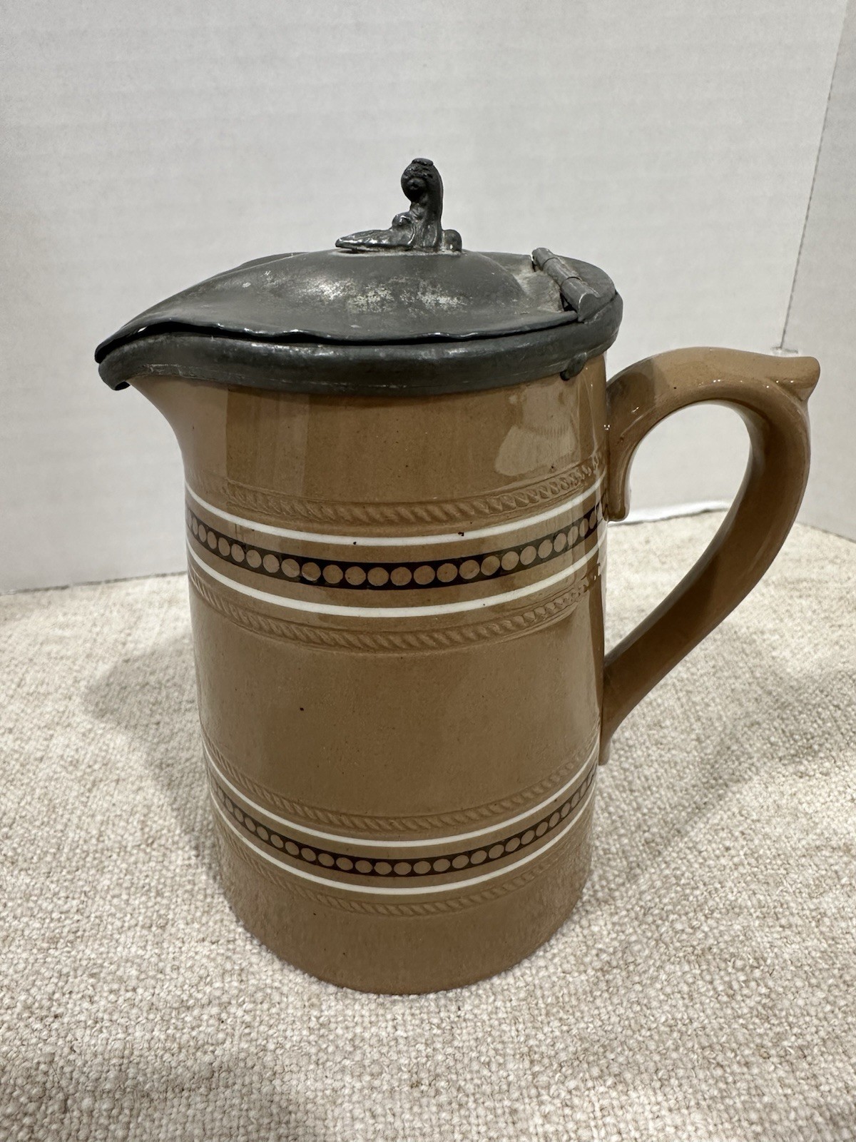 Antique Dudson Hanley Mosaic Banded Creamer/Syrup Pitcher W/pewter Lid Pristine Antique Dudson Hanley Mosaic Banded Creamer/Syrup Pitcher W/pewter Lid Pristine